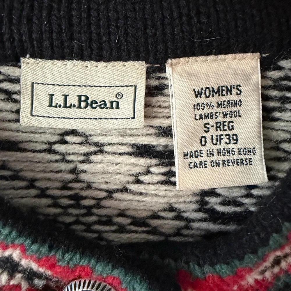 LL Bean Vintage 100% Merino Lambswool Nordic Print Cardigan Sweater Women Small